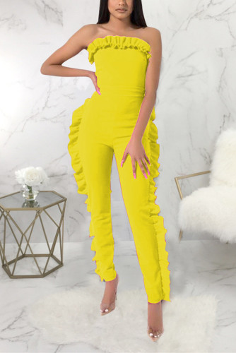 Yellow Fashion Sexy stringy selvedge Patchwork Solid Sleeveless Wrapped Jumpsuits