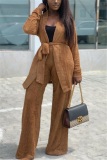Khaki Autumn And Winter Fashion Thickening Plush Coat Wide Leg Trousers Two-Piece Suit