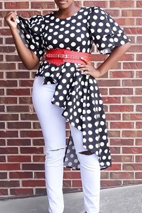 

Black O Neck Short Sleeve Dot asymmetrical Tees & T-shirts