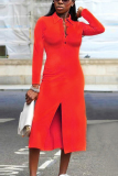 Red Street Cap Sleeve Long Sleeves Turndown Collar Swagger Mid-Calf Solid Long Sleeve Dresses
