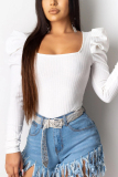 White O Neck Long Sleeve Solid Long Sleeve Tops