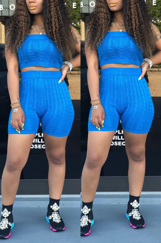 Blue Sexy Fashion Strapless Shorts Sweater Set