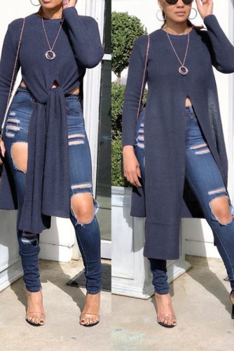 PurpleGray Fashion Round Neck Long Sleeve Irregular Sweater