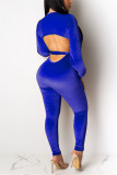 Blue Sexy Fashion Solid Backless bandage Hollow Long Sleeve V Neck Jumpsuits