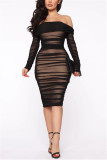 Black Fashion Sexy Solid Color Off Shoulder Long Sleeve Dress
