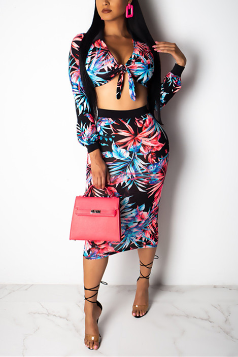 

Black Fashion Sexy Bandage Floral crop top Geometric Print Hip skirt Two-Piece Dress