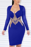 Blue Sexy Fashion adult Cap Sleeve Long Sleeves V Neck Step Skirt Knee-Length Patchwork Embroid
