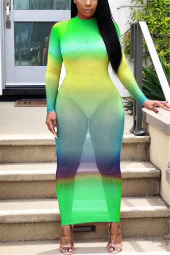Green Sexy Perspective Long Sleeve Long Dress