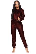Wine Red PU adult Street Fashion Two Piece Suits Solid Patchwork pencil Long Sleeve Two-piece Pants Set