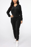 Black Fashion Casual Hooded Collar Solid Two Pieces