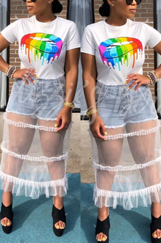 White O Neck Short Sleeve perspective Mesh Print Tees & T-shirts