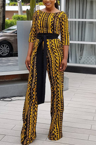 Yellow Casual Fashion bandage Print Asymmetrical Long Sleeve Peter Pan Collar Jumpsuits