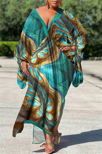 Green Casual Print Patchwork V Neck Irregular Dress Plus Size Dresses