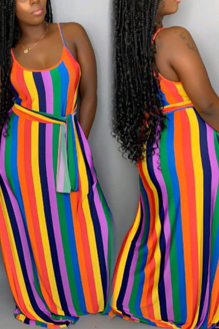 Multicolor Fashion Sexy Striped Printing Loose Dress