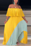 Yellow Sexy Fashion Off The Shoulder Short Sleeves One word collar Pleated Floor-Length split asy