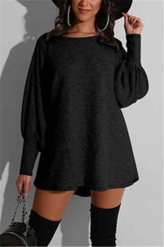 Black Wine Red Round Neck Lantern Sleeve Mini Sweater Dress Casual Vacation Wear Straight Loose Knit Dress