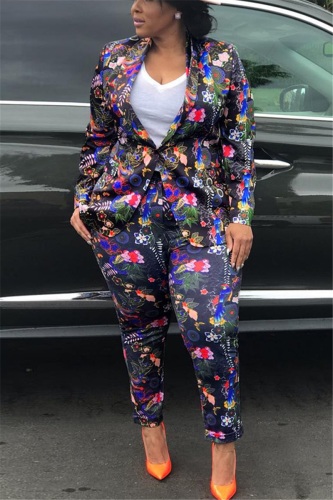 Black Fashion Slim Long Sleeve Digital Print Two-Piece Suit