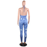 Blue Sexy Fashion Print Backless Patchwork Sleeveless O Neck Jumpsuits