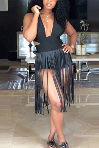 Black Sexy Wrapped Breast Tassel Straight Dress
