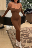 Brownness Sexy Solid Patchwork Off the Shoulder Pencil Skirt Dresses