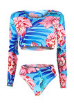 Blue Fashion Active crop top Print Two Piece Suits Slim fit Floral Skinny Long Sleeve Two-Piec