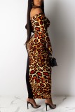Black OL Off The Shoulder Long Sleeves One word collar Step Skirt Ankle-Length Leopard