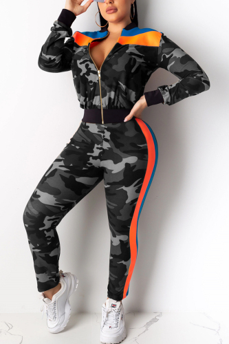 Grey Sexy Sports Camouflage Stitching Two-Piece Suit