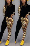 Black Casual Leopard Print Stitching Two-Piece Suit