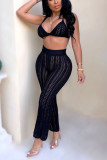 Black Sexy Fashion HOLLOWED OUT Solid crop top Bandage Slim fit Two Piece Suits asymmetrical Str