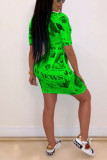 Green Sexy Cap Sleeve Short Sleeves O neck Step Skirt Mini Patchwork Print Club Dresses