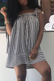 Black Stripe Casual Shoulders Lace-up Striped Mini Dress