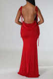 Red Sexy Solid Patchwork Backless Spaghetti Strap Long Dress Dresses