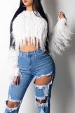 White O Neck Long Sleeve Solid Long Sleeve Tops
