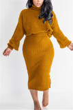 Orange Fashion Sexy Turtleneck Solid Color Long Sleeve Two-Piece Suit