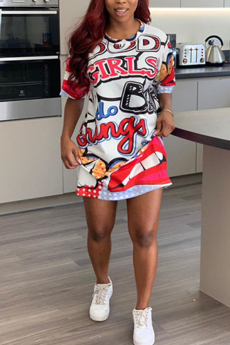 White Fashion Casual Printing Short Sleeve Dress