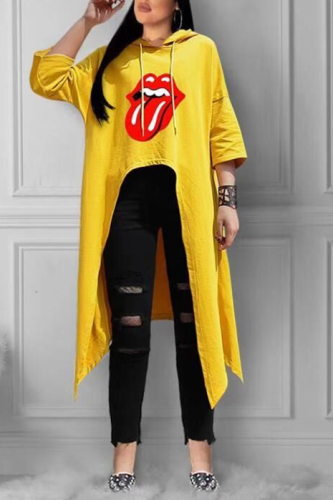 Yellow hooded Long Sleeve Lips Print Print Tees & T-shirts