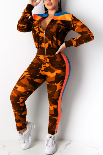 Orange Sexy Sports Camouflage Stitching Two-Piece Suit
