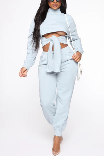 Light Blue Fashion Casual Dew Waist Bandage Two Pieces
