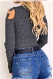 Blue Sexy O Neck Solid Color Waist Long Sleeve Top
