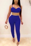 Blue adult Sexy Fashion Two Piece Suits Patchwork diamonds Solid pencil Sleeveless