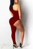Wine Red Fashion Sexy Asymmetrical Solid Color Jumpsuit