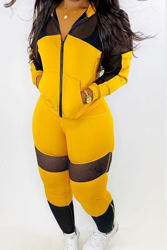 Yellow Casual Patchwork Mesh Solid pencil Long Sleeve Two-piece Pants Set