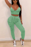Green Sexy Fashion Solid Patchwork pencil Sleeveless Two-piece Pants Set