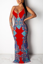 Red Fashion Sexy Printing Slim Sling Dress