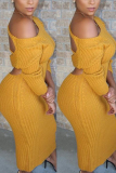 Yellow Sexy Solid Color Long Sleeves Slim Backless Dress