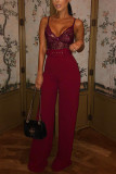 Wine Red Casual Simple High Waist Wide Leg Pants With Belt