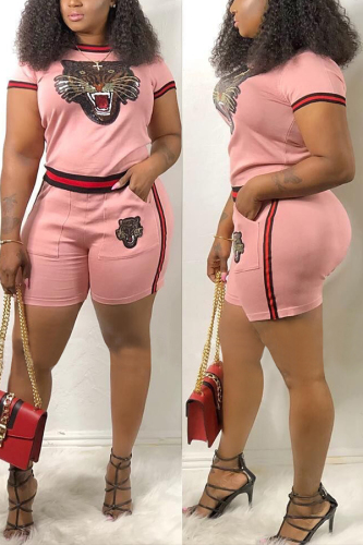 Pink Tiger Head Paillette Webbing Patchwork Two-piece Set