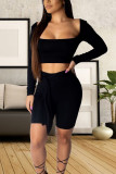 Black Sexy Fashion crop top Solid backless Skinny Two-Piece Short Set