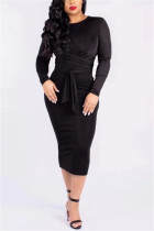 Black adult Fashion Casual Cap Sleeve Long Sleeves O neck Step Skirt Mid-Calf bandage Patchwork