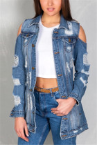 Blue Turndown Collar washing Solid Old The cowboy Pure Long Sleeve Denim jacket